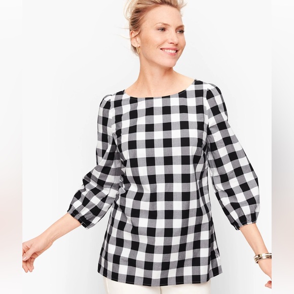 Talbots Tops - NWT Talbots Gingham Gathered Sleeve Top Black & White Buffalo Check Size Large